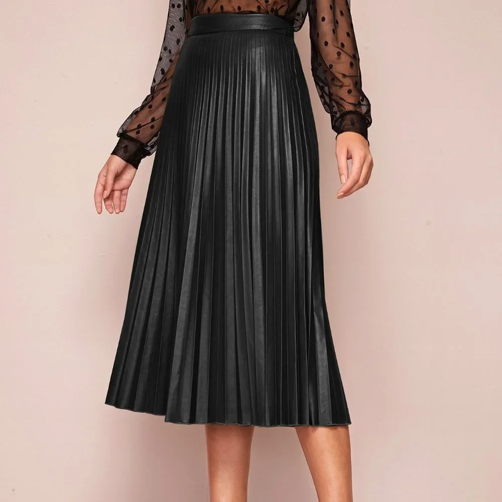 Black Preppy Womens Zipper Side Pleated PU Skirt Workwear - Picture 5 of 5